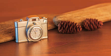Travel composition with camera clock, time for travel conceptの写真素材