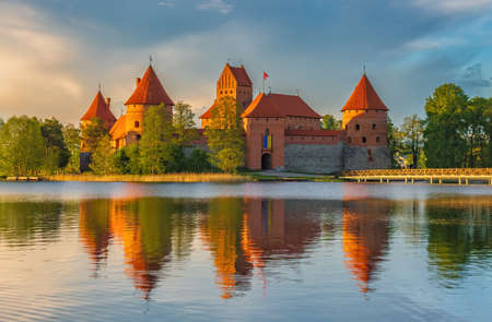 Beautiful evening landscape image of Trakai castleの写真素材