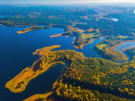 Aerial autumn view of Dringis lake in Lithuaniaの写真素材