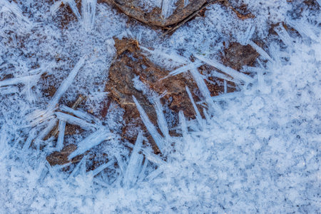 Clear blue crystals of frost on grounの写真素材