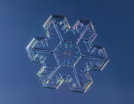 Snowflake on smooth gradient background. Macro photo of real snow crystal on glass surface. This is small snowflake crystal with unusual patternの写真素材