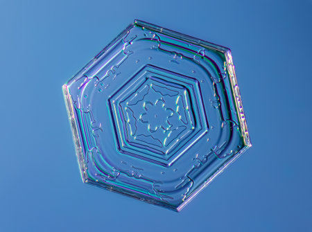 Snowflake on smooth gradient background. Macro photo of real snow crystal on glass surface. This is small snowflake crystal with unusual patternの写真素材