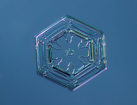 Snowflake on smooth gradient background. Macro photo of real snow crystal on glass surface. This is...