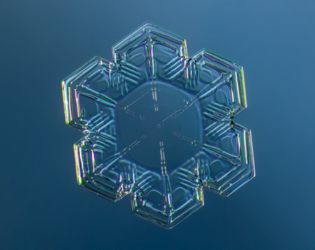 Snowflake on smooth gradient background. Macro photo of real snow crystal on glass surface. This is small snowflake crystal with unusual patternの写真素材