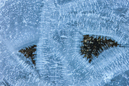 Close-up of frost textures on the ground. Frost needles