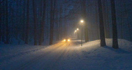 Cold winter in a forest with a blizzardの写真素材
