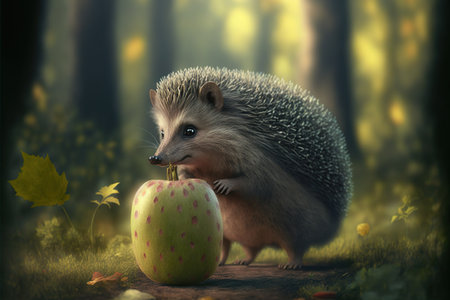 Hedgehog with an apple in the forest. Generative AIの素材