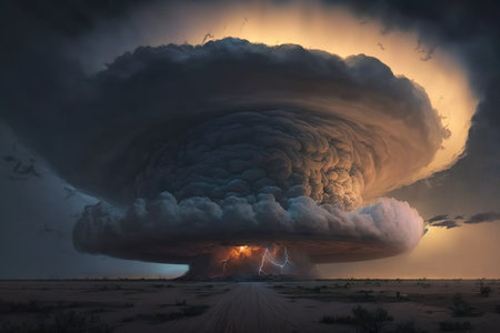 A powerful supercell storm with tornado. Climate change concept. Generative AIの素材