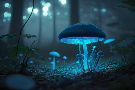 Bioluminescent mushrooms glowing in the dark forest. Generative AI.の素材