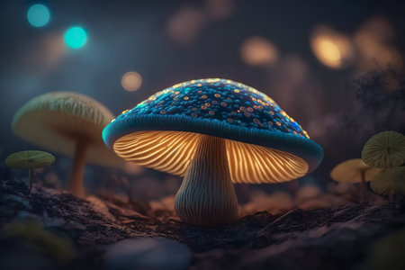 Bioluminescent mushrooms glowing in the dark forest. Generative AI.の素材