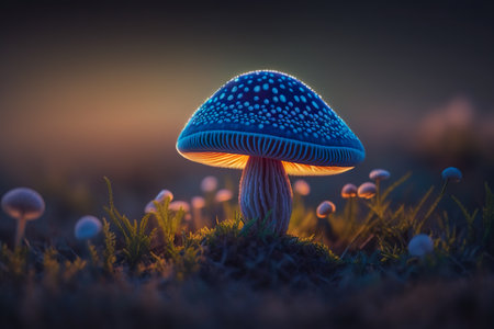 Bioluminescent mushrooms glowing in the dark forest. Generative AI.の素材