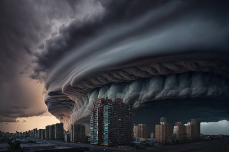 A powerful supercell storm above the city. Climate change concept. Generative AIの素材