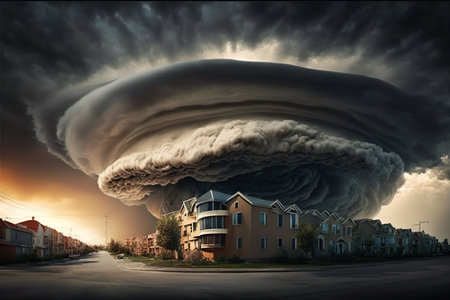 A powerful supercell storm above the city. Climate change concept. Generative AIの素材