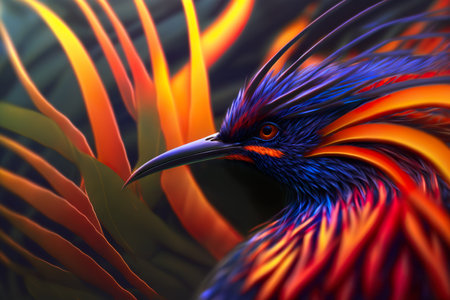 Bird of Paradise. Amazing colors of bird of paradise. Generative AIの素材