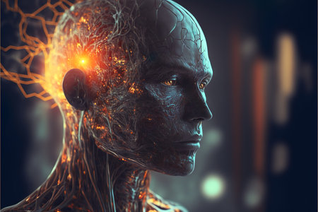 Neural network of artificial intelect. Glowing humanoid. Concept of AI. generative AIの素材