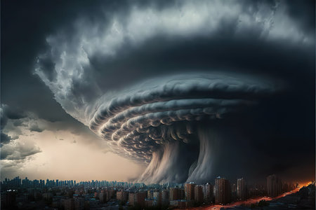 A powerful supercell storm above the city. Climate change concept. Generative AIの素材