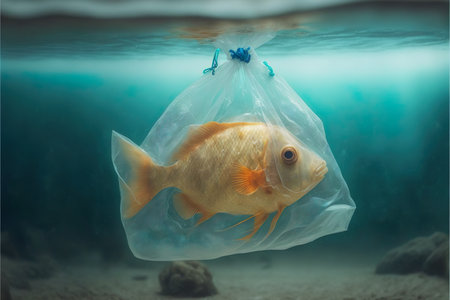 Fish in a plastic bag. Pollution of oceans. Generative AIの素材