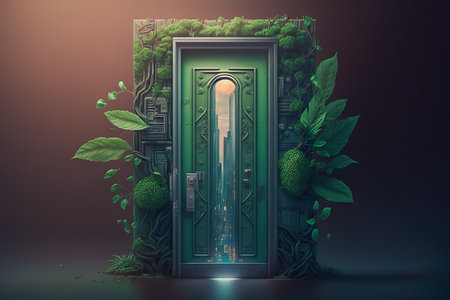 A doorway to a green city. ESG concept. Generative AIの素材