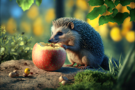 Hedgehog with an apple in the forest. Generative AIの素材