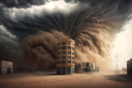 A powerful supercell storm above the city. Climate change concept. Generative AIの素材