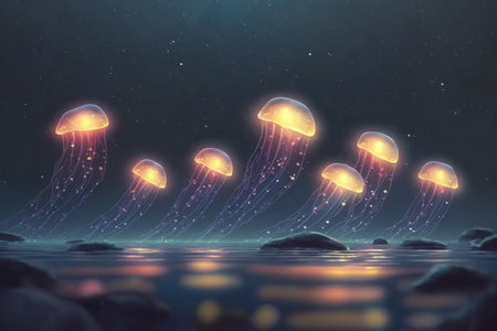 Magic bioluminescent jellyfish glowing in the water. Generative AIの素材