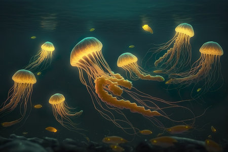 Magic bioluminescent jellyfish glowing in the water. Generative AIの素材
