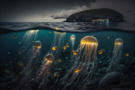 Magic bioluminescent jellyfish glowing in the water. Generative AIの素材