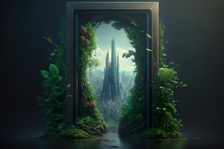 A doorway to a green city. ESG concept. Generative AIの素材