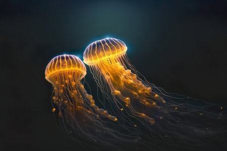 Magic bioluminescent jellyfish glowing in the water. Generative AIの素材