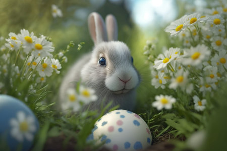 Easter bunny with easter eggs and spring flowers. Easter postcard background. Generative AIの素材