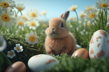 Easter bunny with easter eggs and spring flowers. Easter postcard background. Generative AIの素材