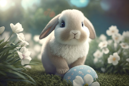 Easter bunny with easter eggs and spring flowers. Easter postcard background. Generative AIの素材