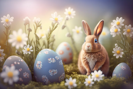 Easter bunny with easter eggs and spring flowers. Easter postcard background. Generative AIの素材