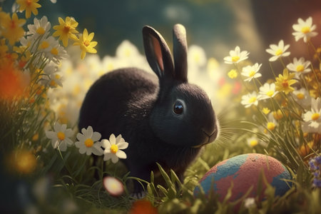 Easter bunny with easter eggs and spring flowers. Easter postcard background. Generative AIの素材