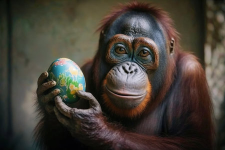 Funny orangutan with Easter egg. Generative AIの素材