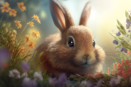 Easter bunny with easter eggs and spring flowers. Easter postcard background. Generative AIの素材