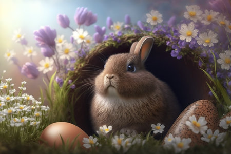 Easter bunny with easter eggs and spring flowers. Easter postcard background. Generative AIの素材