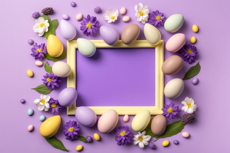 Background with Easter Eggs and Flowers on an a Frame border. Empty space. Generative AIの素材