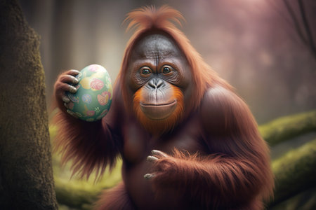 Funny orangutan with Easter egg. Generative AIの素材
