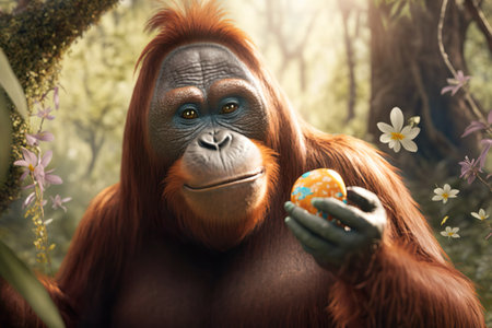 Funny orangutan with Easter egg. Generative AIの素材