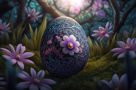 Decorated easter egg surrounded by spring flowers. Generative AIの素材