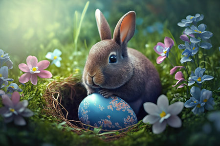 Easter bunny with easter eggs and spring flowers. Easter postcard background. Generative AIの素材
