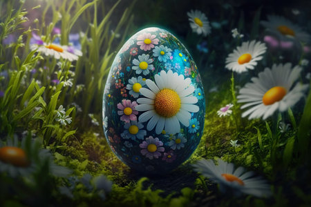 Decorated easter egg surrounded by spring flowers. Generative AIの素材
