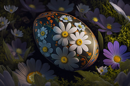 Decorated easter egg surrounded by spring flowers. Generative AIの素材