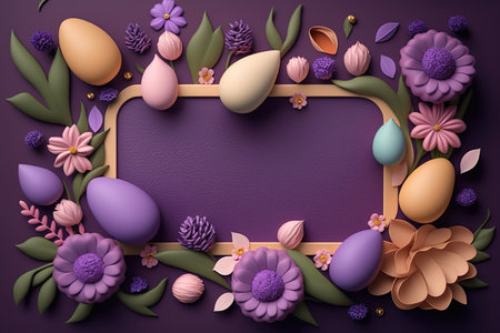 Background with Easter Eggs and Flowers on an a Frame border. Empty space. Generative AIの素材