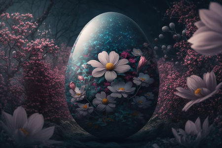 Decorated easter egg surrounded by spring flowers. Generative AIの素材