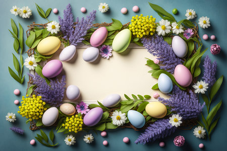 Background with Easter Eggs and Flowers on an a Frame border. Empty space. Generative AIの素材