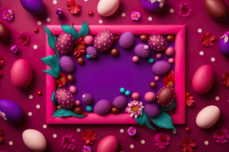 Background with Easter Eggs and Flowers on an a Frame border. Empty space. Generative AIの素材