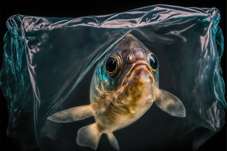 Fish in a plastic bag. Pollution of oceans. Generative AIの素材