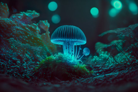 Bioluminescent mushrooms glowing in the dark forest. Generative AI.の素材